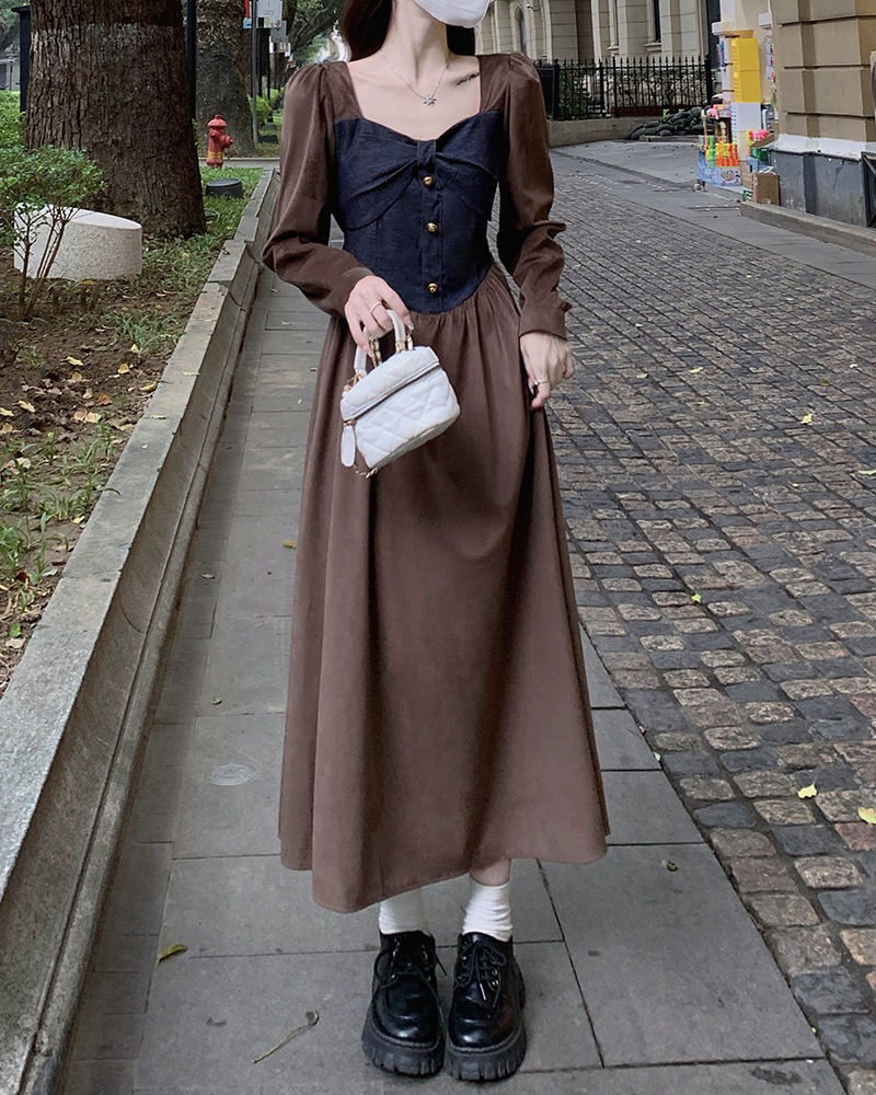 實拍 港風復古拼接牛仔連衣裙女秋季新款時尚氣質中長裙