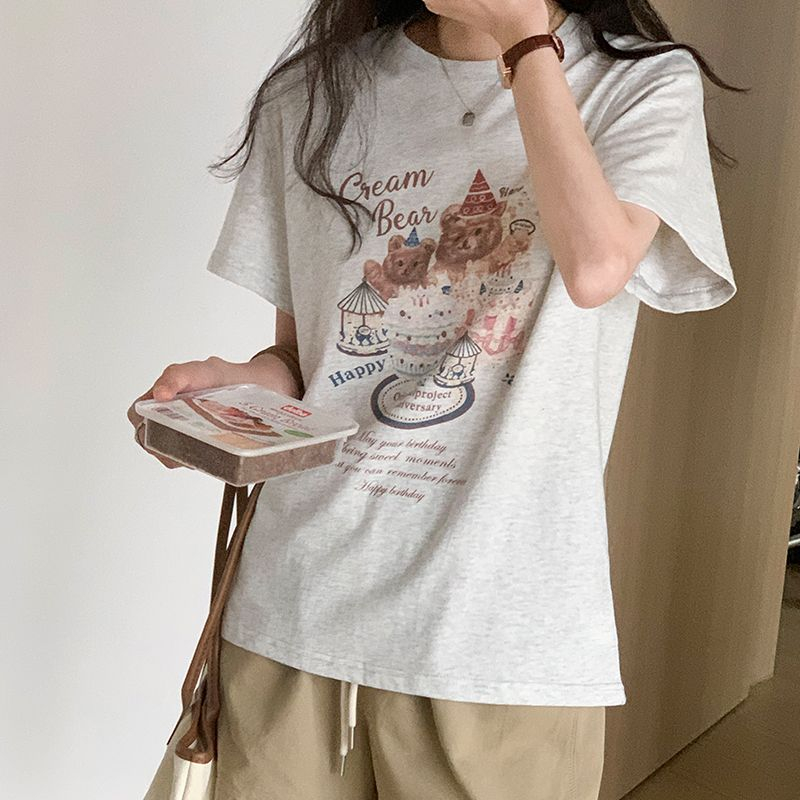 短袖女t恤夏季寬鬆洋氣甜美小眾印花上衣