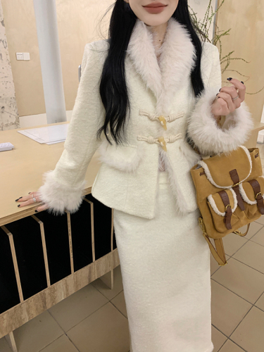 New Year's style leaving beautiful suit skirt for women white high-end small fragrance woolen coat skirt suit