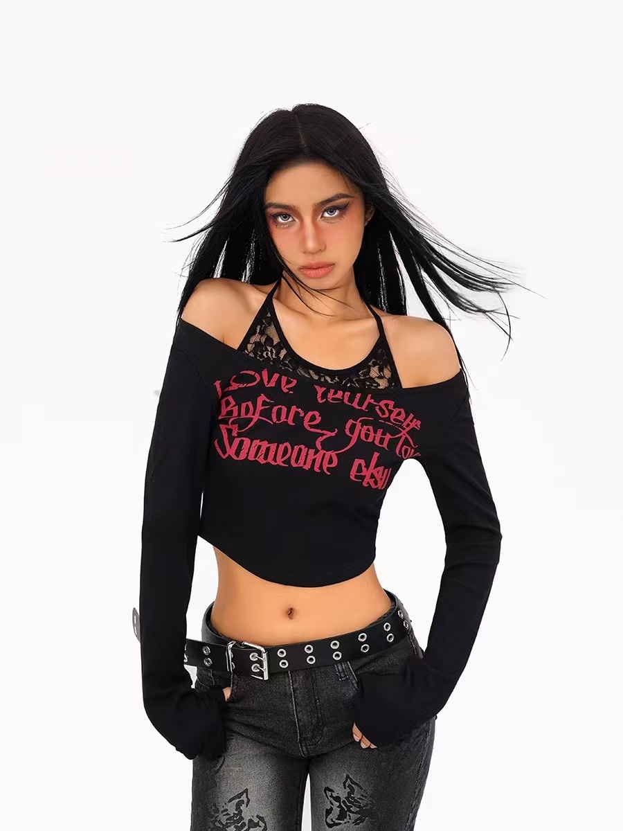 Nico Molly American retro hottie off-shoulder short T-shirt women's bottoming shirt suspender layering fake two-piece top