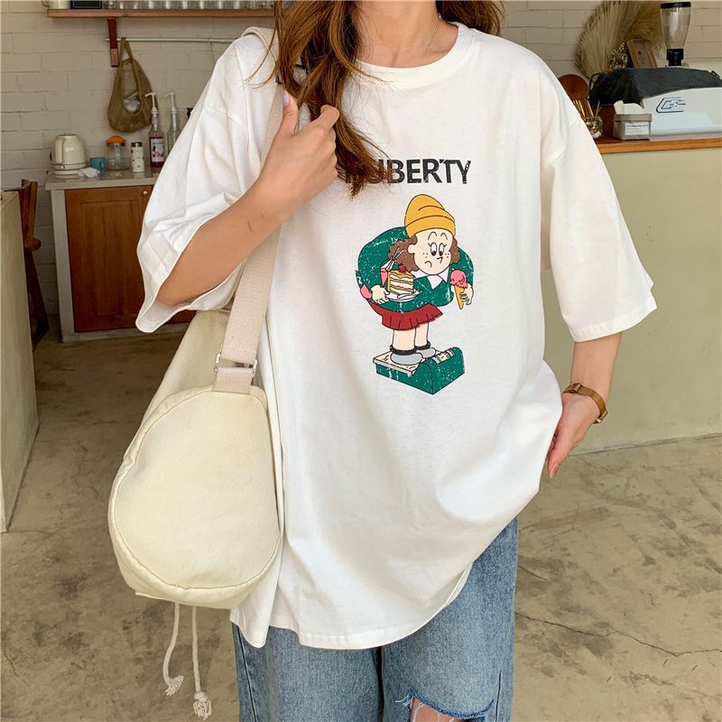 2024圓領短袖t恤女夏寬鬆韓版風chic上衣服