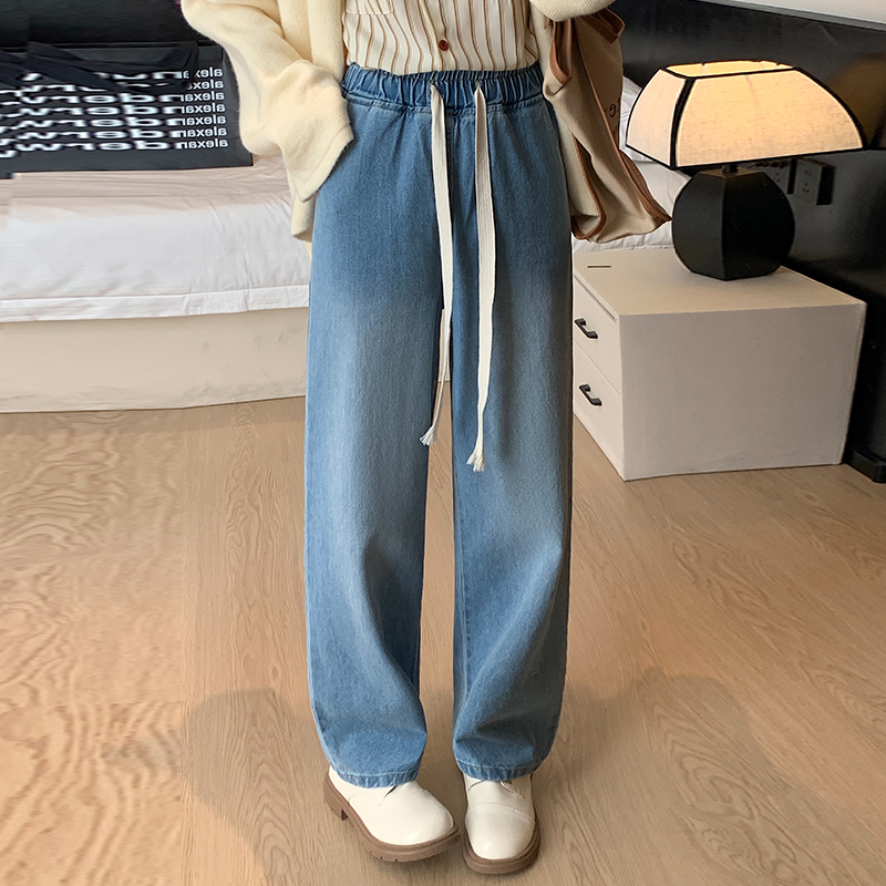 Real shot of denim pure cotton washed college style spring and autumn style retro drawstring loose floor mopping nostalgic straight pants for women