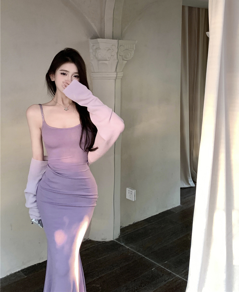 實拍復古性感極簡緊身吊帶魚尾長裙連衣裙+針織坎肩開衫女