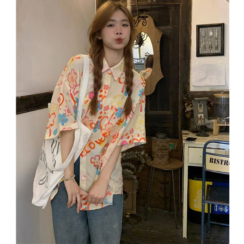 Dopamine wear graffiti short-sleeved shirt summer new style small fresh holiday style casual all-match floral shirt women's trend