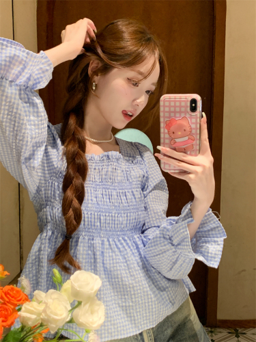 Actual shot of the new Korean style plaid versatile square collar pleated shirt long-sleeved top