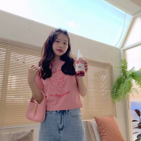 2024夏季短袖T恤女短款少女感高腰露臍ins潮學生韓版寬鬆修身上衣