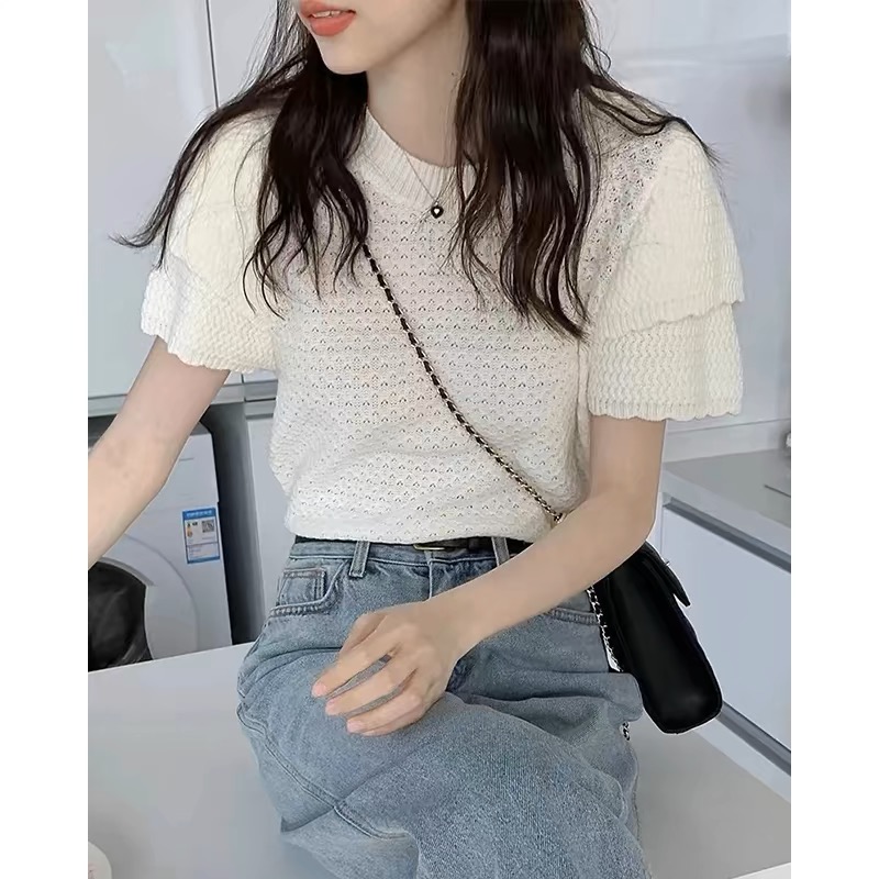 夏季2024新款甜美泡泡袖針織短袖上衣女士薄款氣質修身圓領打底衫
