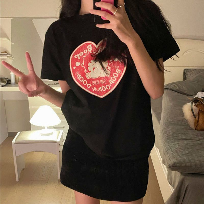 短袖t恤女寬鬆設計感愛心印花打底衫小個子短袖上衣