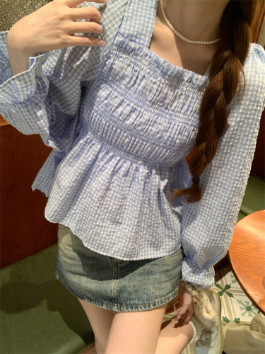 Actual shot of the new Korean style plaid versatile square collar pleated shirt long-sleeved top