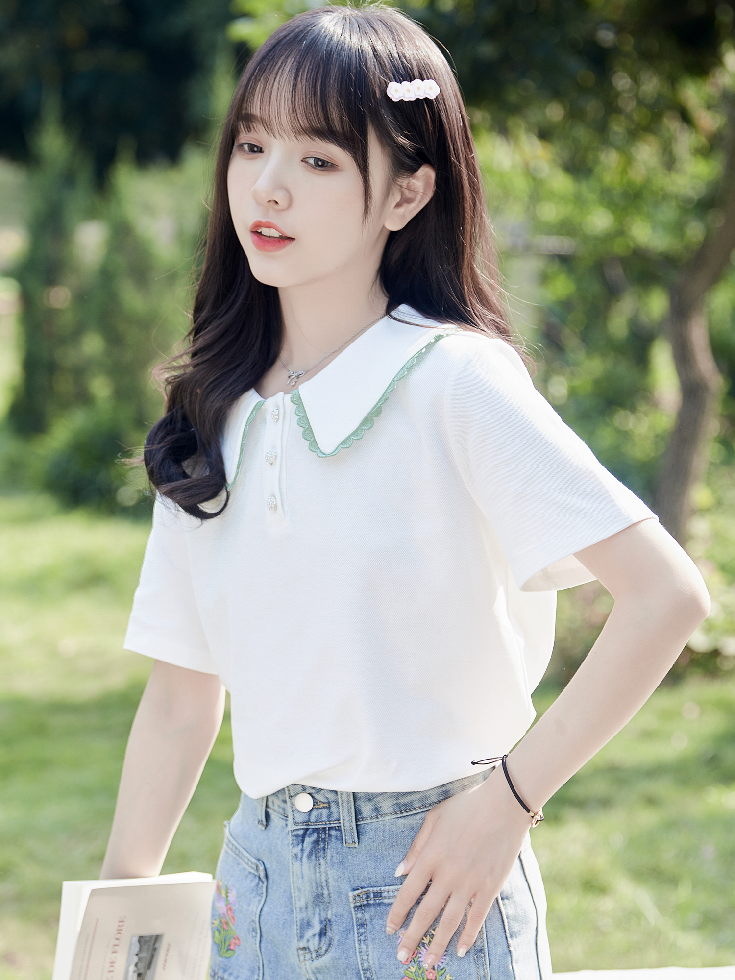 2024夏季新款小個子學生短袖polo衫女寬鬆花邊上衣純色百搭T恤潮