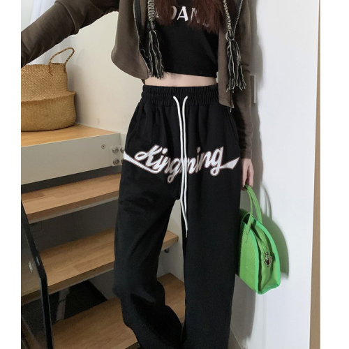 Fat mm large size American sports pants women's loose leggings casual wide legs high waist trendy ins plus fat women's clothing 200 pounds