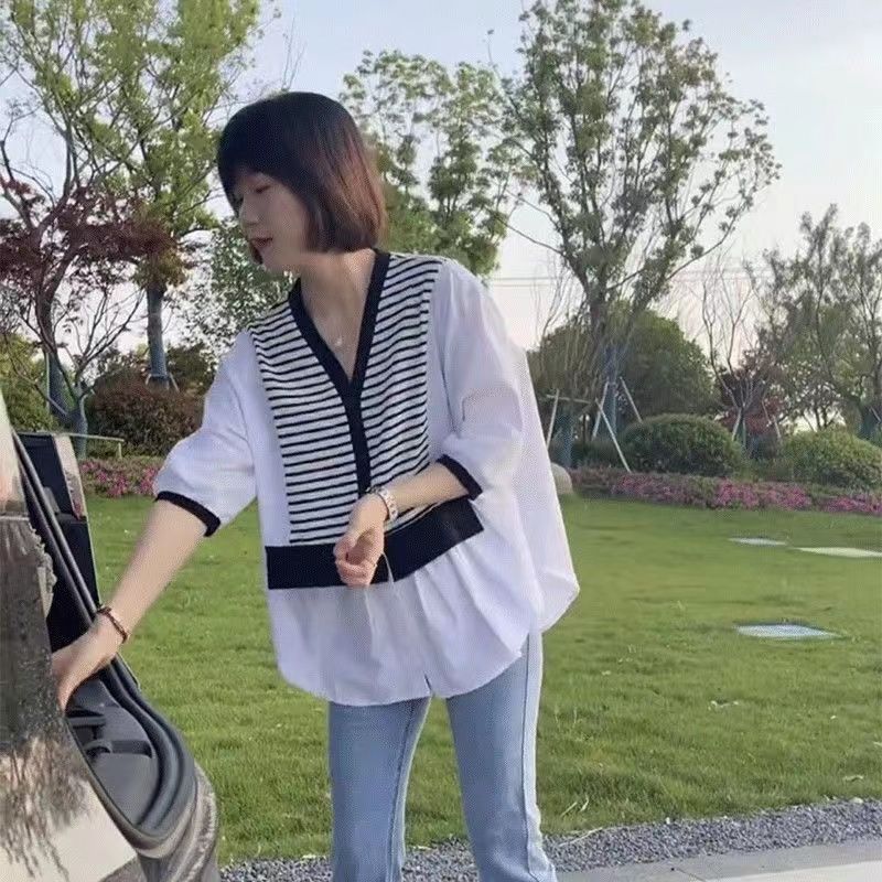 夏裝新款大碼女裝韓版條紋襯衫短袖V領遮肚子時尚洋氣假兩件上衣