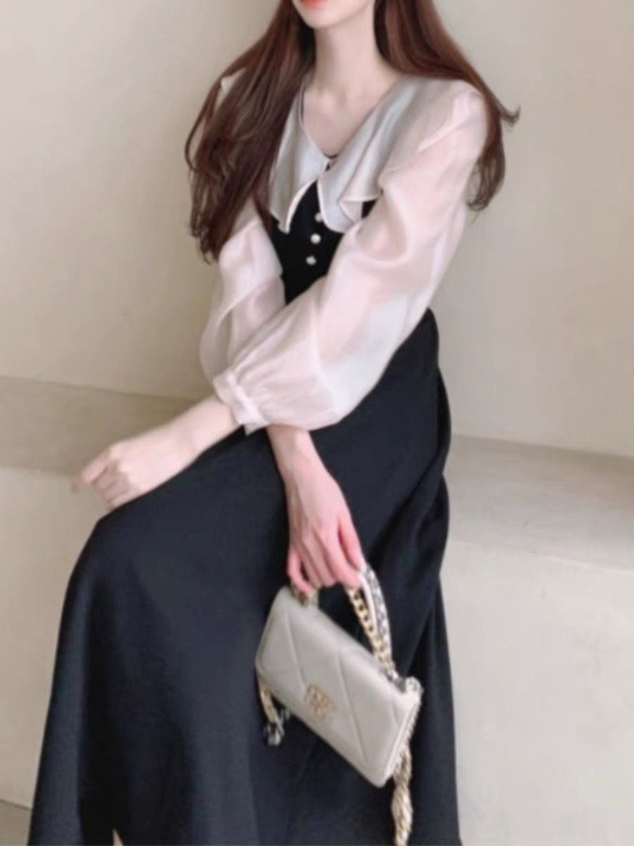 假袖系帶荷葉女收腰連衣裙拼接韓國法式chic兩件春季邊泡泡氣質