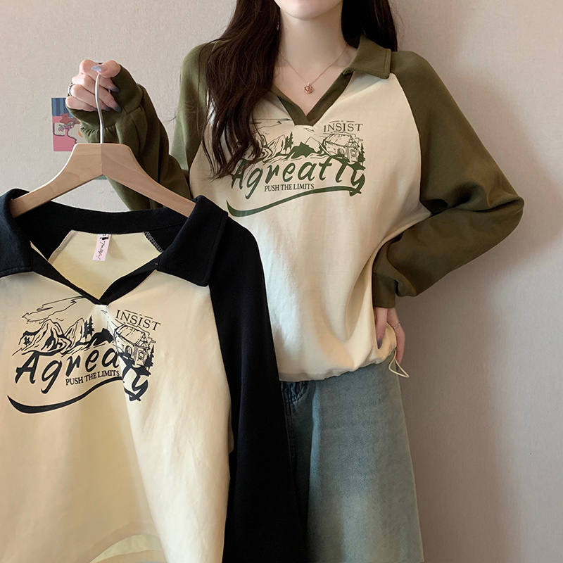 Actual shot of spring Korean style loose 230g POLO collar cartoon print mid-length large size thin sweatshirt for women