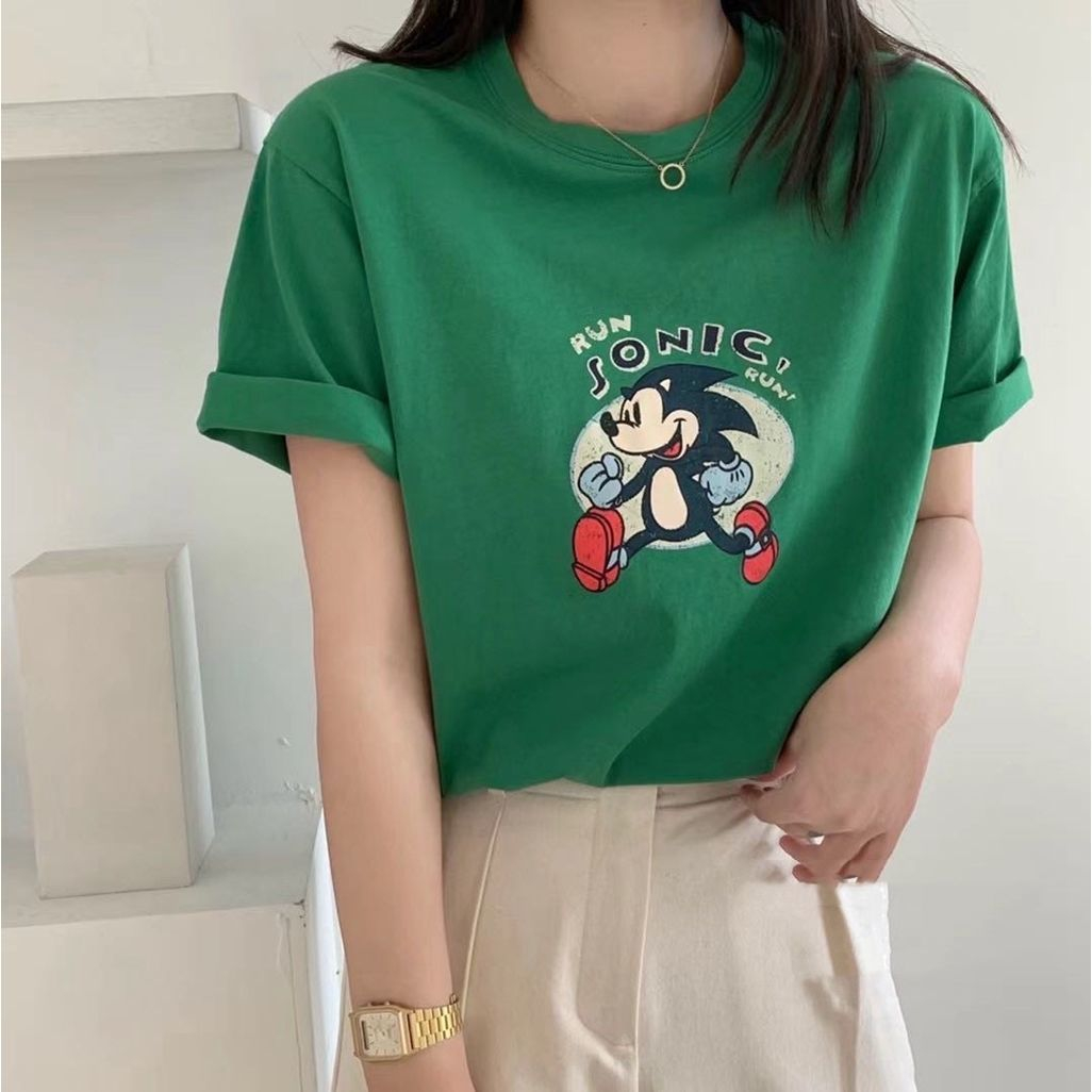 卡通印花百搭打底圓領純色短袖ins洋氣氣質女