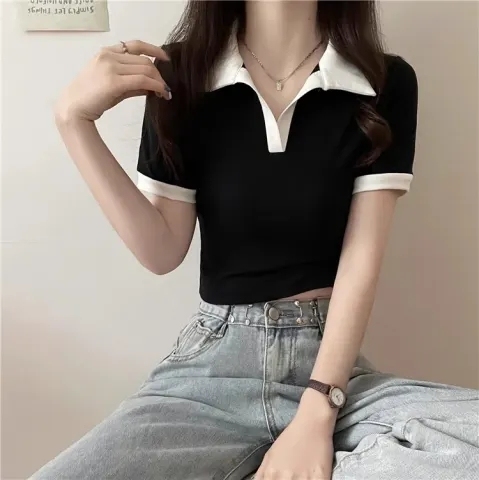 92 cotton/8 spandex lusty v-neck polo shirt contrasting color short-sleeved t-shirt for women high waist short hot girl tops for women