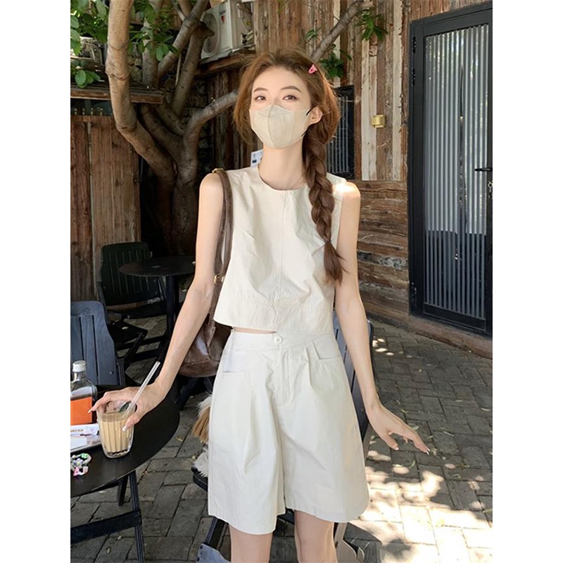 時尚上衣兩件套女裝夏季新款高腰闊腿短褲小個子網紅2024炸街套裝