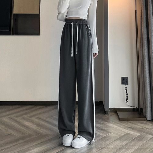 Super hot gray sports wide leg pants for women summer new loose slimming high waist drape floor-length striped sweatpants