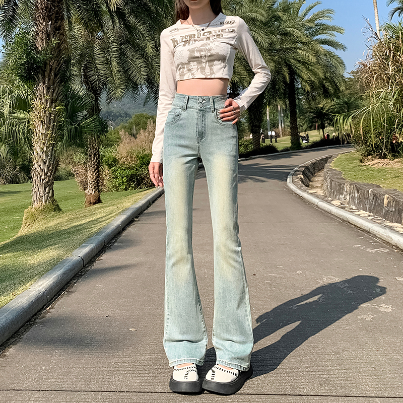 實拍 美式微喇叭牛仔褲女春季新款高腰顯瘦彈力雙扣古色藍喇叭褲