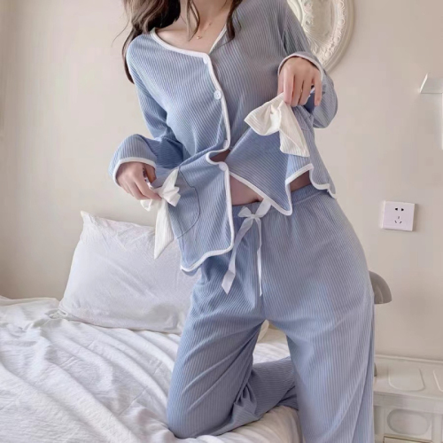 Internet celebrity pajamas for women in spring and autumn long-sleeved trousers imitation cotton ins style beautiful bow home wear set
