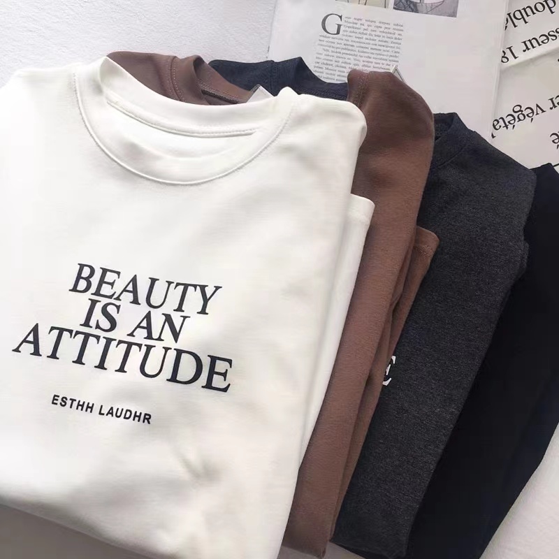 Pure cotton simple letter print long-sleeved T-shirt for women white inner round neck bottoming top