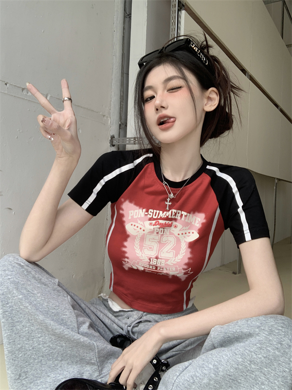 原創~實拍 春夏美式甜辣風上衣女短款顯瘦插肩撞色設計感短袖