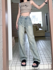 Actual shot of 2024 spring new design retro blue high-waist slim loose version straight-leg pants floor-length denim trousers for women