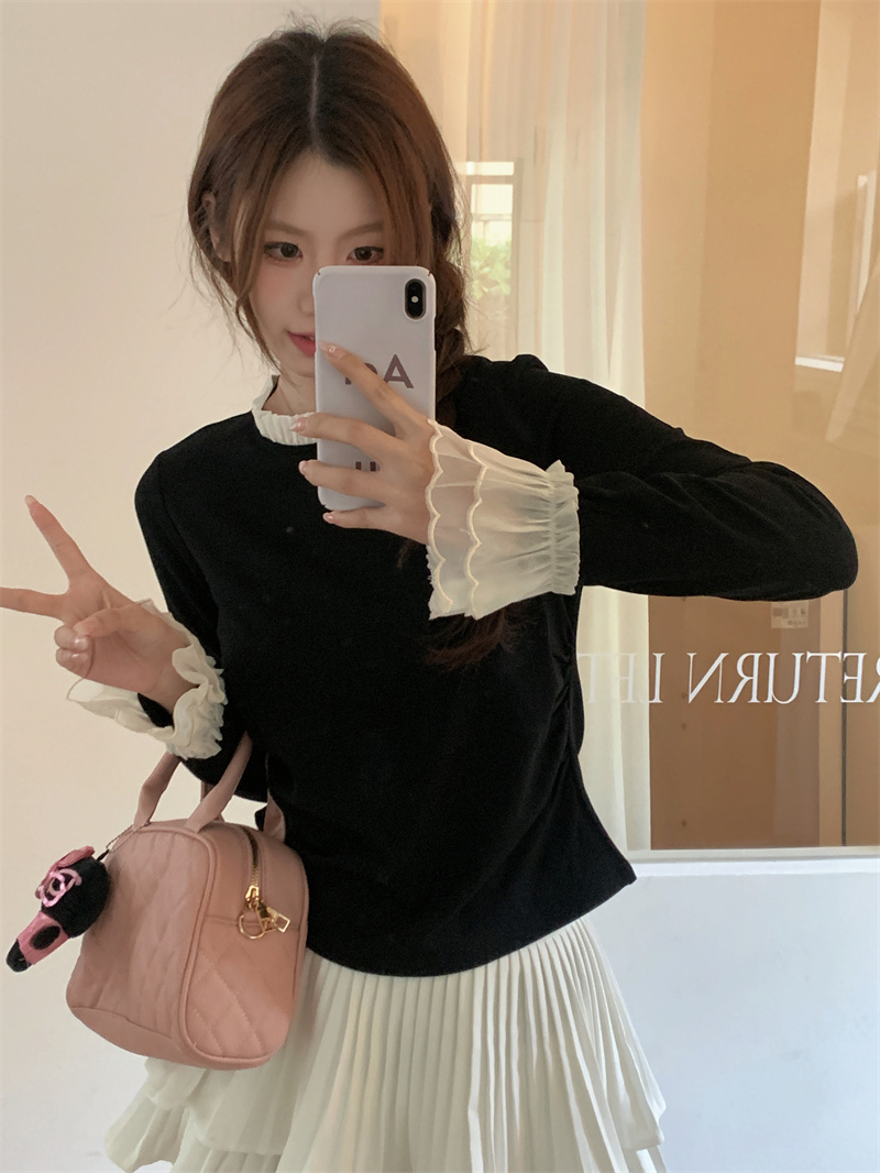 Real shot ~ French design lace cuffs 2024 spring slimming and versatile bottoming top