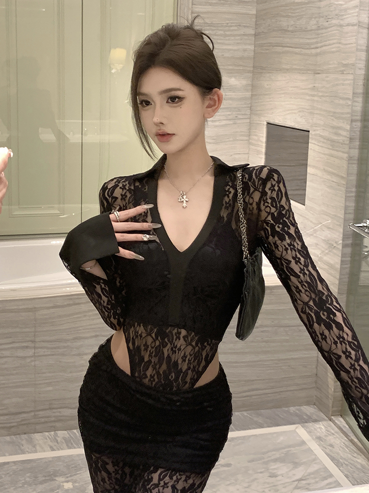 實拍 辣妹蕾絲連體衣+喇叭褲兩件套套裝