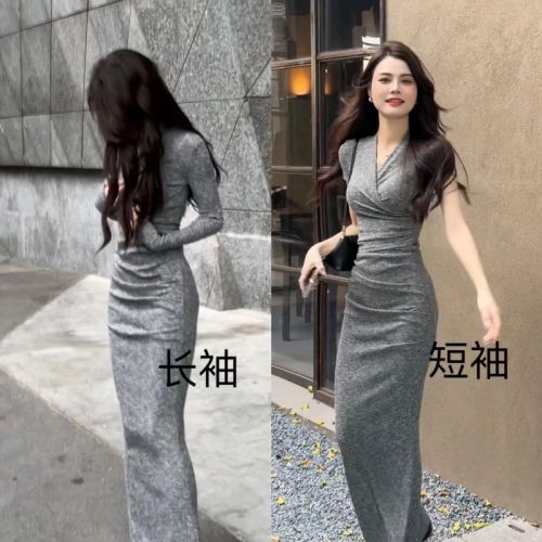 Da Tingting's new fashionable French V-neck slim suit long pleated retro temperament two-piece set DT065