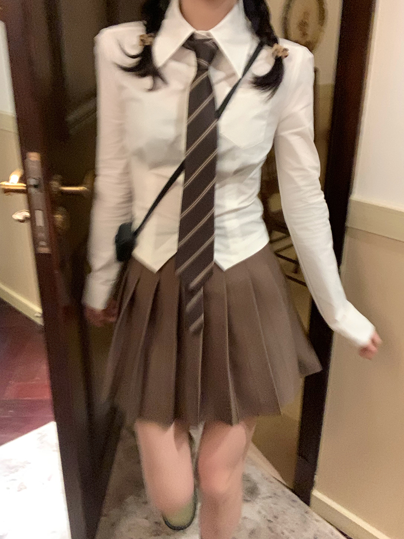 實拍 三標齊  春新款純欲白色長袖修身襯衫甜辣襯衣高腰百褶短裙