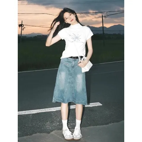 92 cotton/8 spandex 40 count 210g pure cotton American retro white T-shirt for women summer