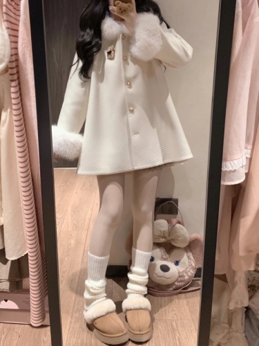 College style woolen coat for women new style white fur collar stitching thickened woolen coat