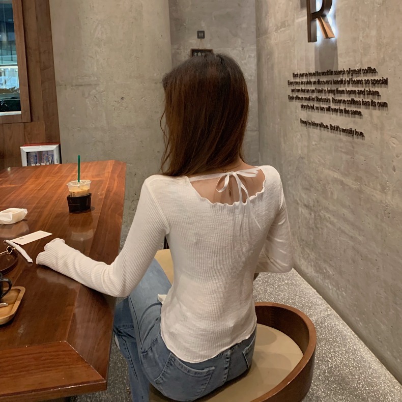 Korean style simple basic style irregular bottoming shirt with wooden ears, spring and summer new sexy low-cut V-neck long-sleeved T-shirt for women