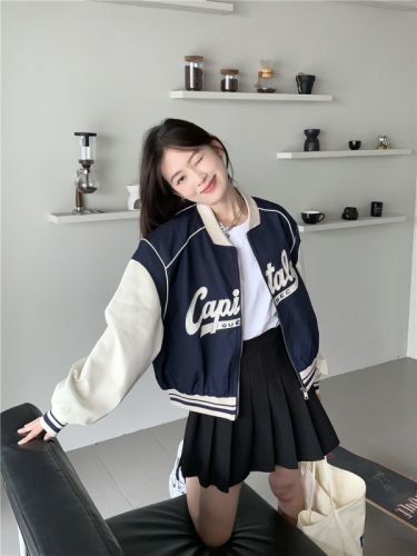 Real shot 2024 spring fashionable letter embroidery stitching baseball uniform loose stand-up collar jacket for women