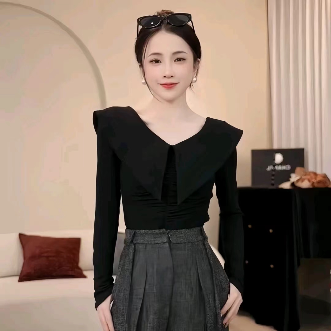 Urban street French large lapel long-sleeved T-shirt women's spring niche design slim top 4140