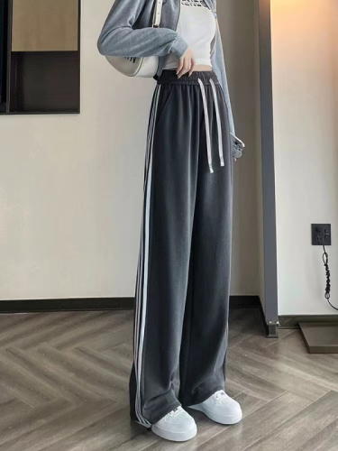 Super hot gray sports wide leg pants for women summer new loose slimming high waist drape floor-length striped sweatpants