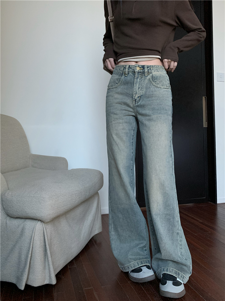 實拍！做舊直筒牛仔褲春季復古水洗高腰寬鬆闊腿長褲女