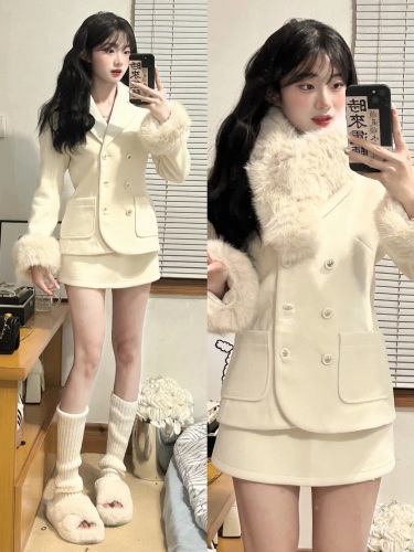 White Lover Spring New Style College Style Short Fur Collar Suit Putty Jacket Skirt Suit