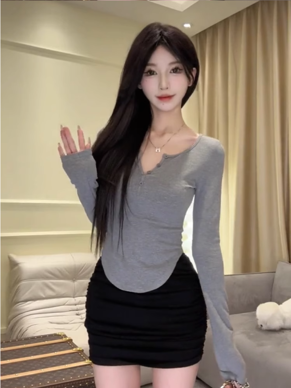 Pure desire sexy half-open collar long-sleeved T-shirt for women in early spring new U-shaped hem slim and slim pink top with high-end feel