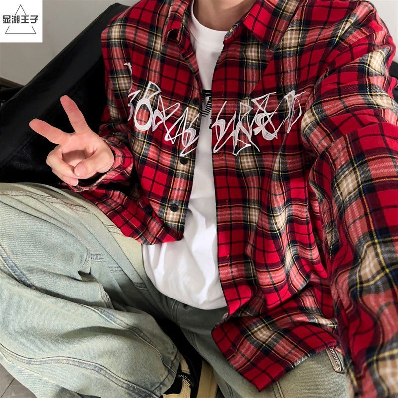 美式復古紅色刺繡格子襯衫男潮牌長袖上衣hiphop高街秋季襯衣外套