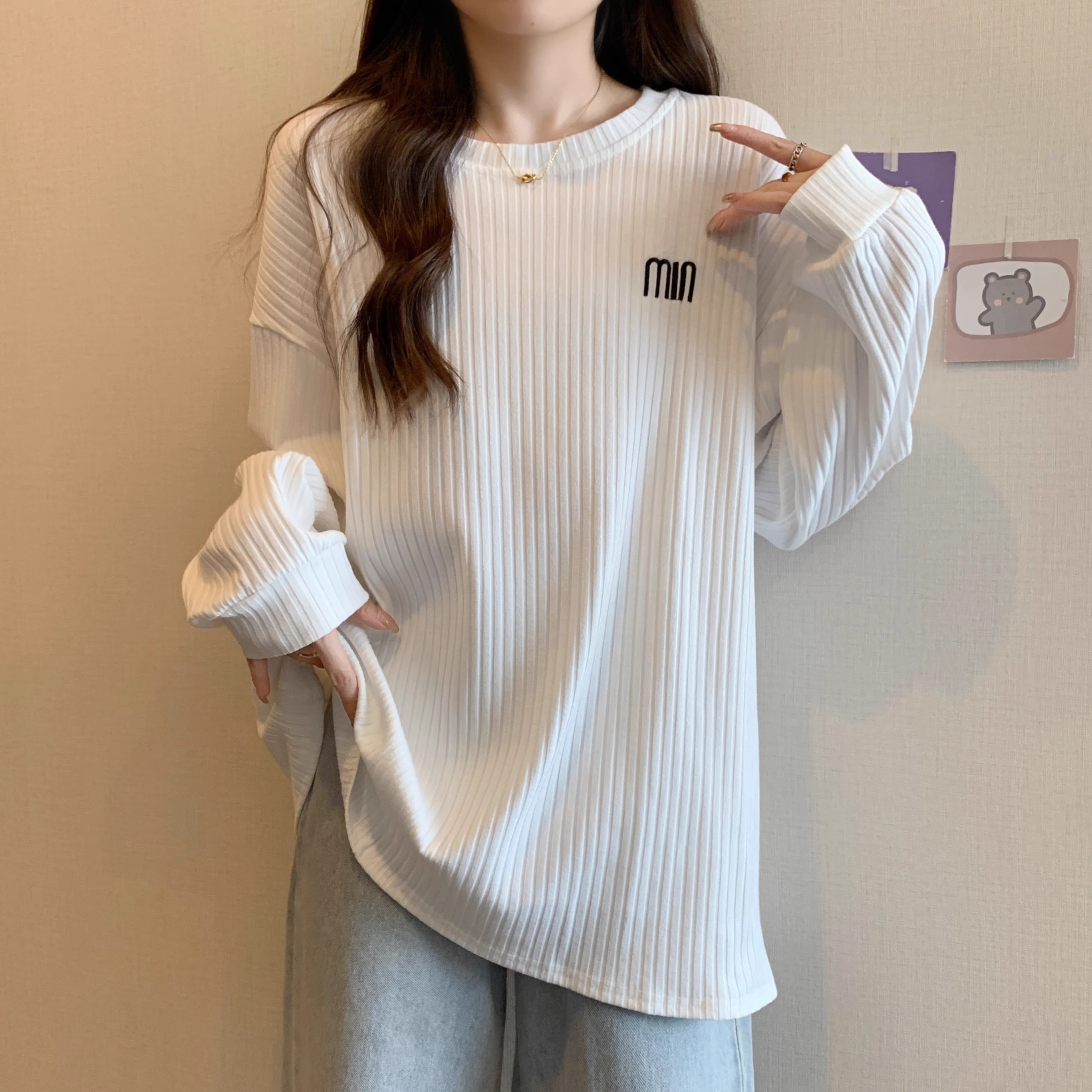 2024新款春裝韓版寬鬆圓領字母刺繡中長款打底衫T恤女