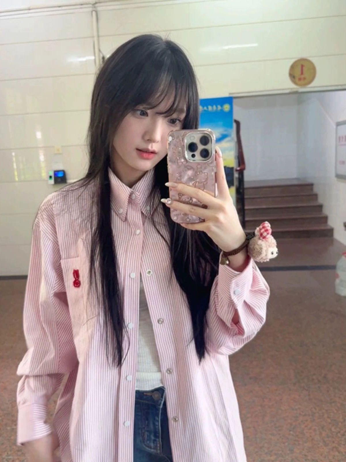 日系甜美兔子條紋長袖襯衫女春秋寬鬆法式設計感小眾休閒百搭上衣