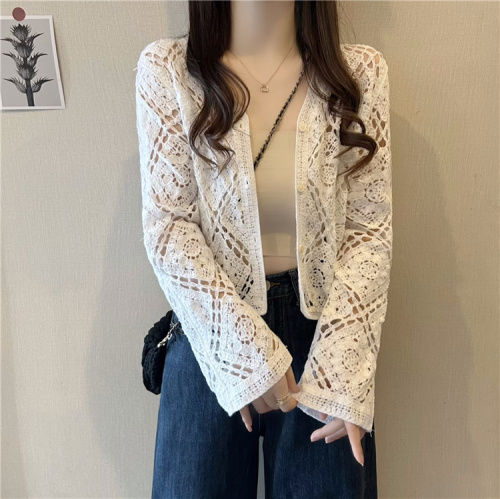 Actual shot~New crochet versatile knitted cardigan short top jacket