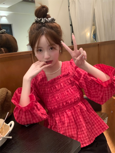 Actual shot of the new Korean style plaid versatile square collar pleated shirt long-sleeved top