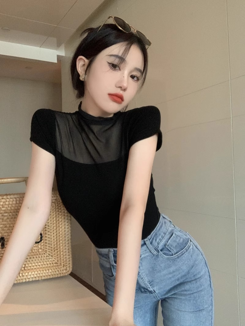 黑色網紗微透蕾絲拼接短袖T恤女夏季辣妹性感氣質緊身打底衫上衣