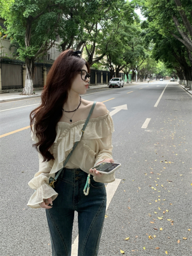 Actual shot of a long-sleeved shirt with a niche ruffled Korean style and a gentle one-shoulder top with a high-end feel.