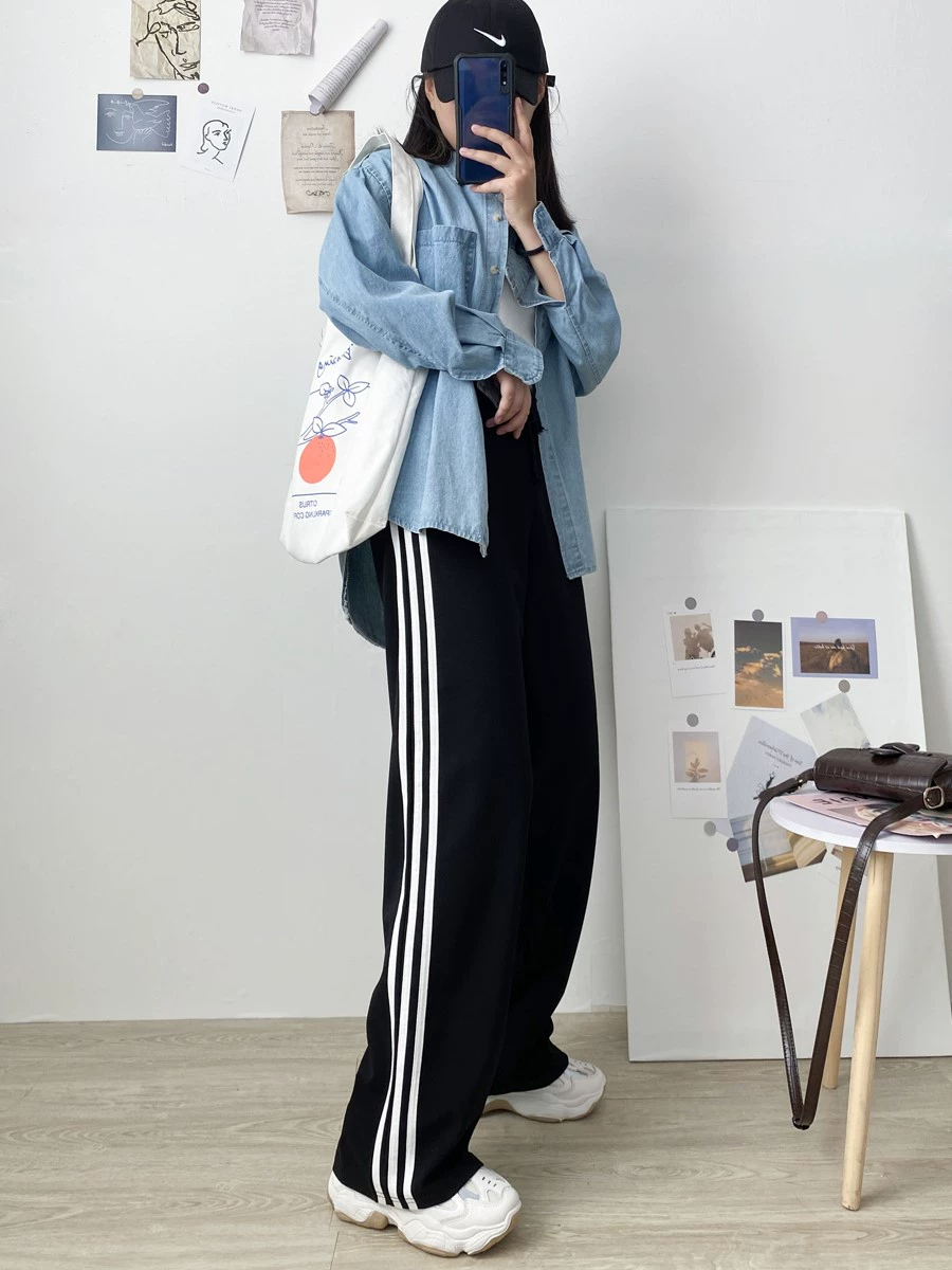 條紋運動褲寬鬆三條杆春秋高腰垂感顯瘦百搭小個子闊腿校褲