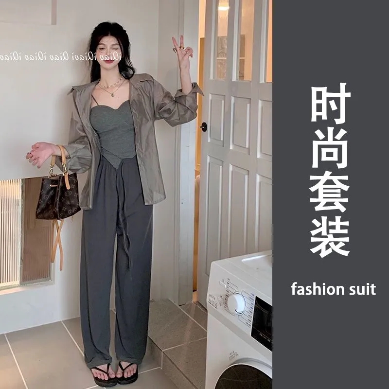 A complete set of summer outfits for women, new models, sun protection shirts and suspenders, women's slimming casual pants