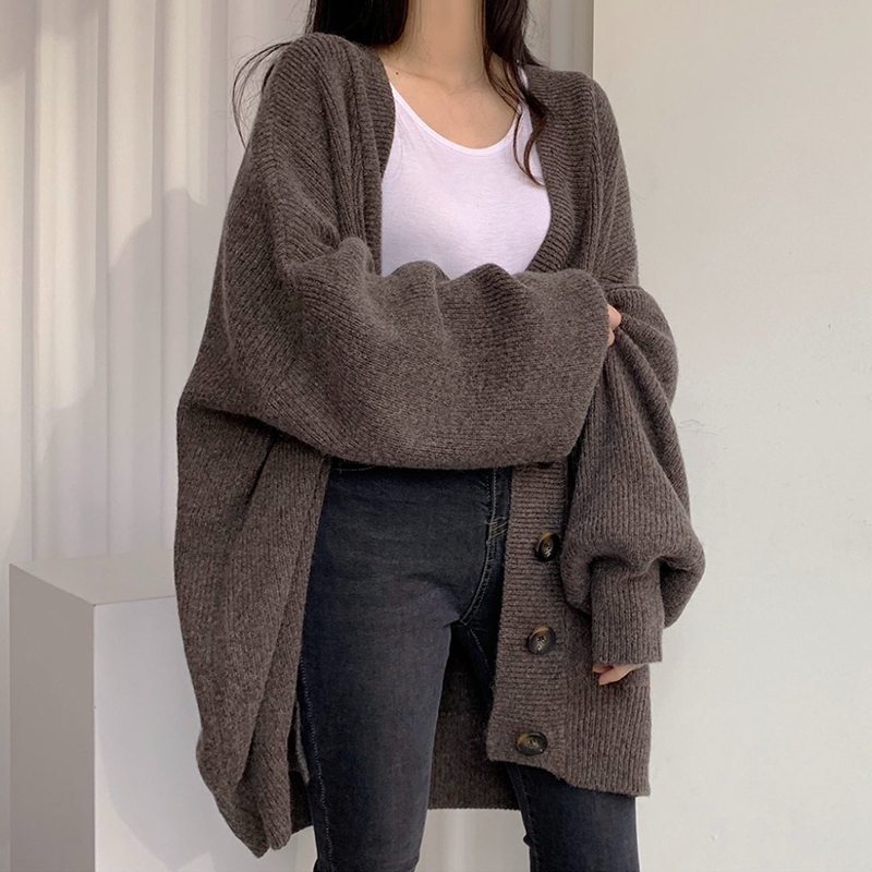 Korean chic autumn and winter casual lazy style V-neck single-breasted loose lantern sleeve knitted cardigan sweater jacket for women